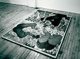 The plates collaged onto plywood and presented on the floor